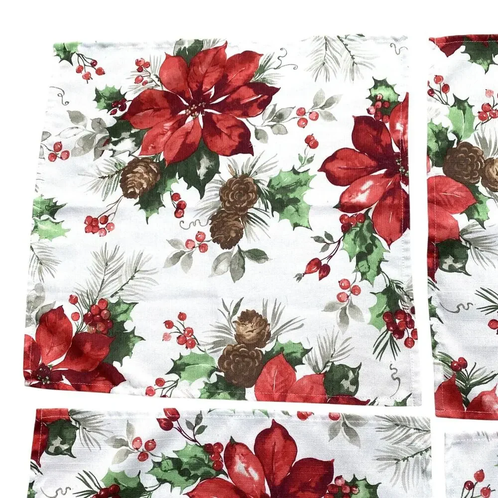 Christmas Napkins set (4) festive printed cloth red poinsettias & greenery